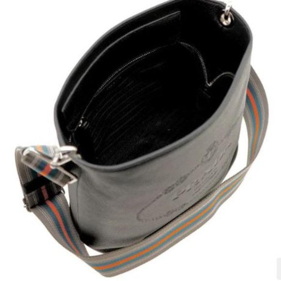 PRADA SECCHIELLO Embossed Logo Black Leather Cross Body Bag - Picture 2 of 5